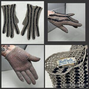 Vtg Falbala Made in France Two Tone Hand Made Crochet Lace Gauntlet Gloves Small